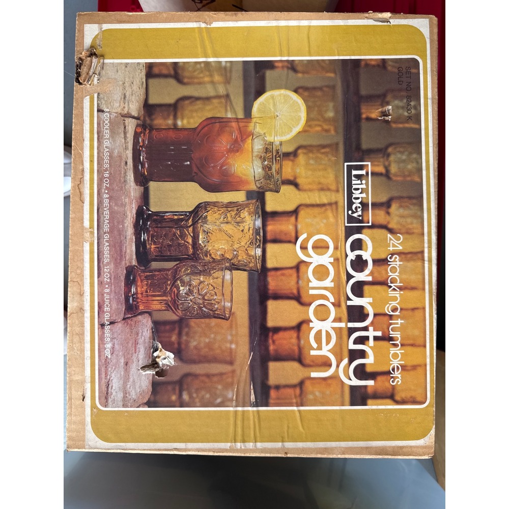 Libbey Country Garden 24 Piece Stacking Tumbler Set Amber Gold Glass 82430 K